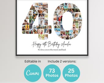 40歳の誕生日の数字40の写真コラージュ、印刷可能なCanvaフレームテンプレート、40周年記念写真コラージュ、8x10ポスター、パーソナライズされた誕生日プレゼント