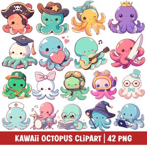 Kawaii Oktopus Clipart Niedlicher Oktopus PNG Digitale Aufkleber Bundle Cowboy Krankenschwester Hexe Pirat Bücherwurm Kokette König Oktopus Cartoon für Kinder