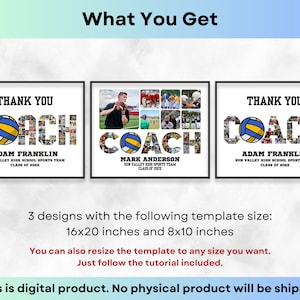 Pode incluir: Tr&ecirc;s designs digitais imprim&iacute;veis para um treinador de voleibol com a palavra "COACH" feita de fotos. Cada design inclui uma bola de voleibol e o texto "Obrigado" e o nome do treinador. Os designs est&atilde;o dispon&iacute;veis em 40,6 x 50,8 cm e 20,3 x 25,4 cm.