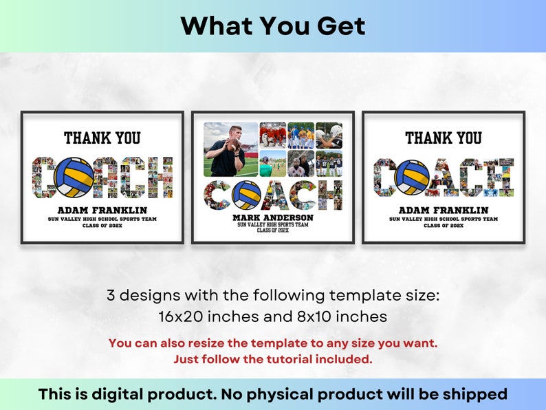 Pode incluir: Tr&ecirc;s designs digitais imprim&iacute;veis para um treinador de voleibol com a palavra "COACH" feita de fotos. Cada design inclui uma bola de voleibol e o texto "Obrigado" e o nome do treinador. Os designs est&atilde;o dispon&iacute;veis em 40,6 x 50,8 cm e 20,3 x 25,4 cm.