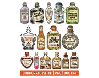 Funny Office Humor PNG Bundle, Corporate Witch Potion Label Clipart, Halloween Décor, Coworker Gift, Retro Vintage Horror Work Meme Stickers