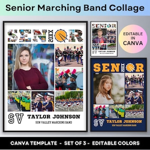 Puede incluir: Un conjunto de tres plantillas Canva imprimibles para un collage de banda de marcha de último año. Las plantillas presentan una foto en blanco y negro de una joven, una foto en blanco y negro de un joven y una foto en color de una joven. Cada plantilla incluye el texto "Senior 20XX" y el nombre "Taylor Johnson".