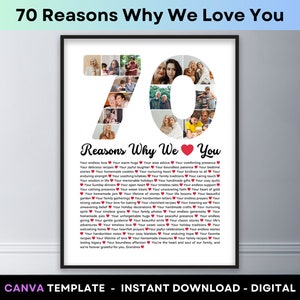 70 razones por las que te amamos Collage de fotos Razones por las que te amo Póster de 70 cumpleaños Imprimir regalo para mamá papá abuelo abuela Plantilla Canva