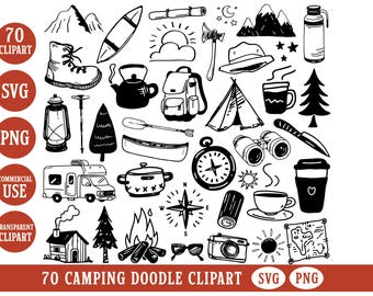 May include: A collection of 70 black and white camping-themed doodle clipart illustrations including a tent, backpack, hiking boot, compass, campfire, mountains, trees, canoe, lantern, camera, map, and various outdoor gear, labelled 70 CAMPING DOODLE CLIPART.