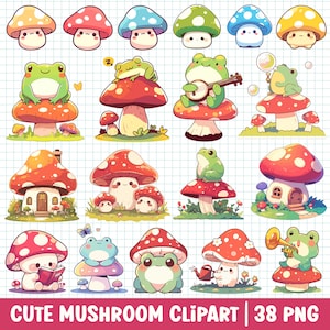 Cute Mushroom Clipart Transparent PNG Bundle Set Kawaii Cartoon Watercolor Illustration Fantasy Cottagecore Mushroom Mystical Frog Toad