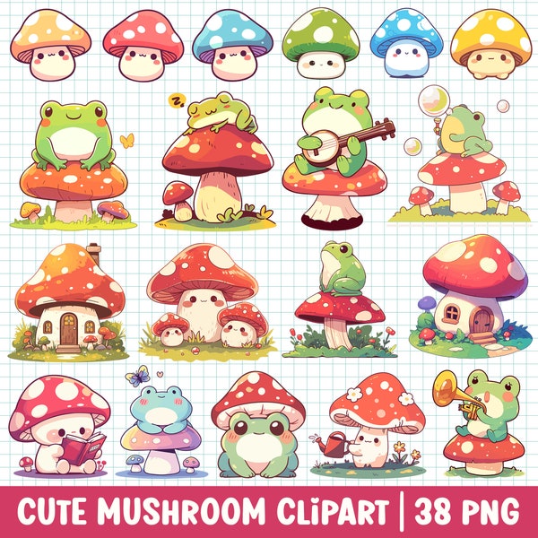 Cute Mushroom Clipart Transparent PNG Bundle Set Kawaii Cartoon Watercolor Illustration Fantasy Cottagecore Mushroom Mystical Frog Toad