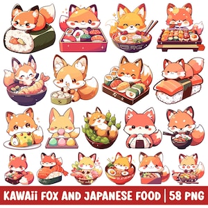 Schattige vos clipart kawaii Japans eten PNG bundel dier fijnproever cartoon digitale sticker sublimatie afbeelding sushi ramen mochi sashimi tempura