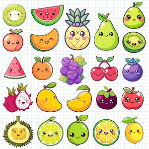 May include: A collection of 20 cartoon fruits and vegetables with cute faces. The fruits and vegetables are drawn in a colorful style with bright colors and simple shapes. The fruits and vegetables include a watermelon, a pineapple, a mango, a lime, a lemon, a durian, a dragon fruit, a peach, a cherry, a grape, a kiwi, a strawberry, a cantaloupe, a pear, a mangosteen, an apple, and a blueberry.