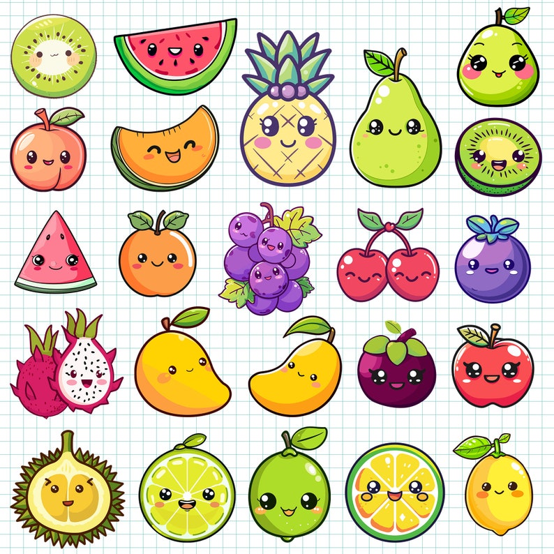 May include: A collection of 20 cartoon fruits and vegetables with cute faces. The fruits and vegetables are drawn in a colorful style with bright colors and simple shapes. The fruits and vegetables include a watermelon, a pineapple, a mango, a lime, a lemon, a durian, a dragon fruit, a peach, a cherry, a grape, a kiwi, a strawberry, a cantaloupe, a pear, a mangosteen, an apple, and a blueberry.