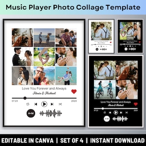 Collage de fotos con reproductor de música, regalo de aniversario personalizado, póster personalizado para San Valentín, plantilla de Canva para pareja, novio y novia.