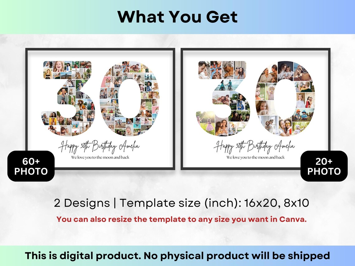 30th Birthday Number 30 Photo Collage Printable Canva Frame Template ...