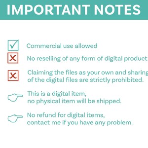 May include: A checklist of important notes for digital products. The notes state that commercial use is allowed, but reselling or claiming the files as your own is prohibited. It also states that the product is a digital item and no physical item will be shipped. Finally, it states that there are no refunds for digital items, but to contact the seller if there are any problems.