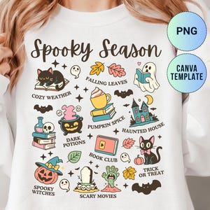 Peut inclure: Sweat-shirt blanc avec un motif "Spooky Season" coloré. Le design comprend des illustrations de chat noir, fantôme, citrouille, maison hantée et autres éléments d'Halloween. Le texte "PNG" et "CANVA TEMPLATE" est également inclus.