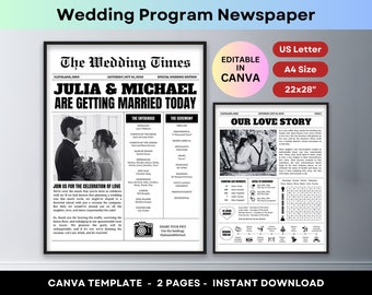 Newspaper Wedding Program Editable Canva Template Itinerary Infographic Ceremony Timeline Word Puzzle Letter Size A4 Printable Poster Board