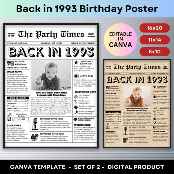 Back in 1993 Printable Poster 30th Birthday Newspaper Editable Party Welcome Sign Board Fun Facts Trivia Canva Template Anniversary Gift