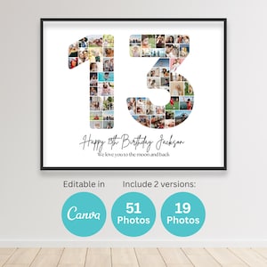 13th Birthday Number 13 Photo Collage Printable Canva Frame Template 13th Anniversary Picture Collage 8x10 Poster Birthday Gift Son Daughter