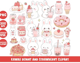Kawaii Bunny Clipart Strawberry Drinks Pink Dessert Rabbit Png Bundle Food Beverage Illustration