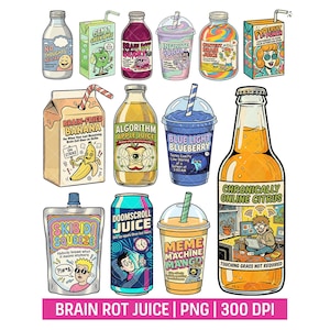 Paquete PNG de Brain Rot Juice, diseño de pegatina Chronically Online, parodia divertida de bebida de la Generación Z, etiquetas de bebidas retro y geniales, imágenes prediseñadas de memes de Internet