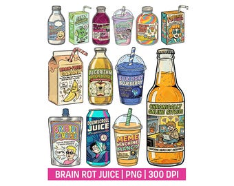 Brain Rot Juice PNG Bundle, Chronically Online Sticker Design, Funny Gen Z Beverage Parody, Retro Groovy Drink Labels, Internet Meme Clipart