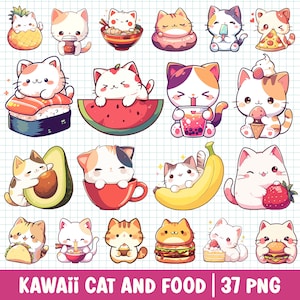 Ensemble de cliparts chat kawaii et nourriture PNG chaton mignon ensemble de cliparts amoureux des chats maman de chat fin gourmet illustration de dessin animé fruits sucrés Art autocollant numérique drôle