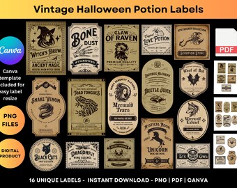 Etichette per pozioni di Halloween Etichette per bottiglie di farmacista stampabili Etichette per pozioni di streghe vintage Decorazione per feste di maghi Adesivi per magia e stregoneria