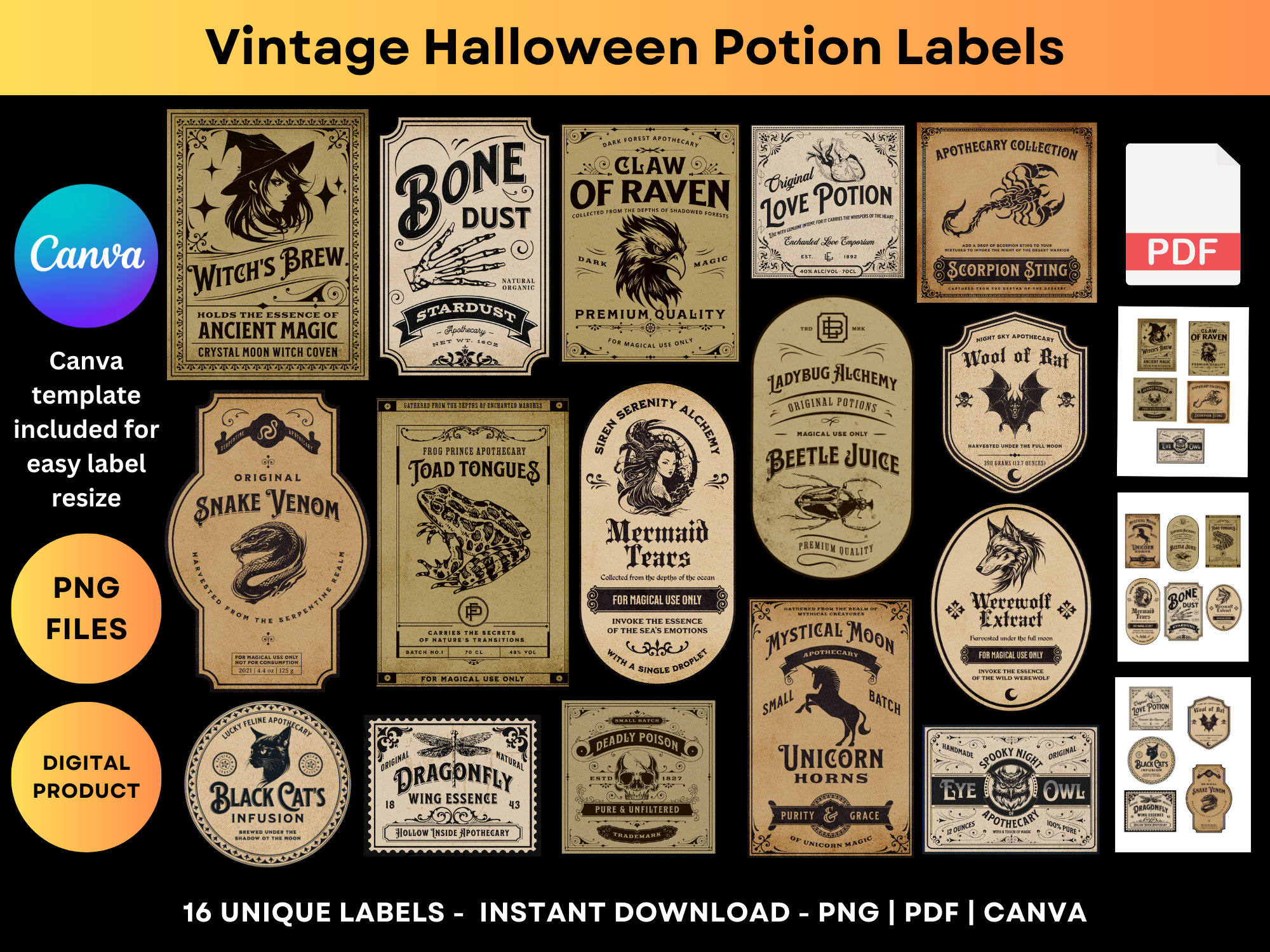 ハロウィンポーションラベル 印刷可能な薬瓶ラベル ビンテージ魔女
