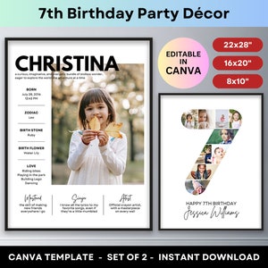7 Geburtstag Nummer 7 Foto Collage Sieben Jahre alt Meilensteine Fototafel Druckbares Poster Party Dekor Willkommensschild Bearbeitbares Canva Template