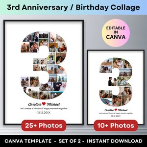 3rd Anniversary Number 3 Photo Collage 3rd Birthday Gift Personalized Anniversary Gifts for Husband Wife Boyfriend Girlfriend Canva Template