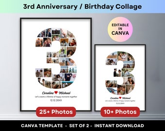 3rd Anniversary Number 3 Photo Collage 3rd Birthday Gift Personalized Anniversary Gifts for Husband Wife Boyfriend Girlfriend Canva Template
