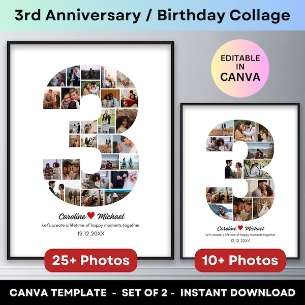 3rd Anniversary Number 3 Photo Collage 3rd Birthday Gift Personalized Anniversary Gifts for Husband Wife Boyfriend Girlfriend Canva Template