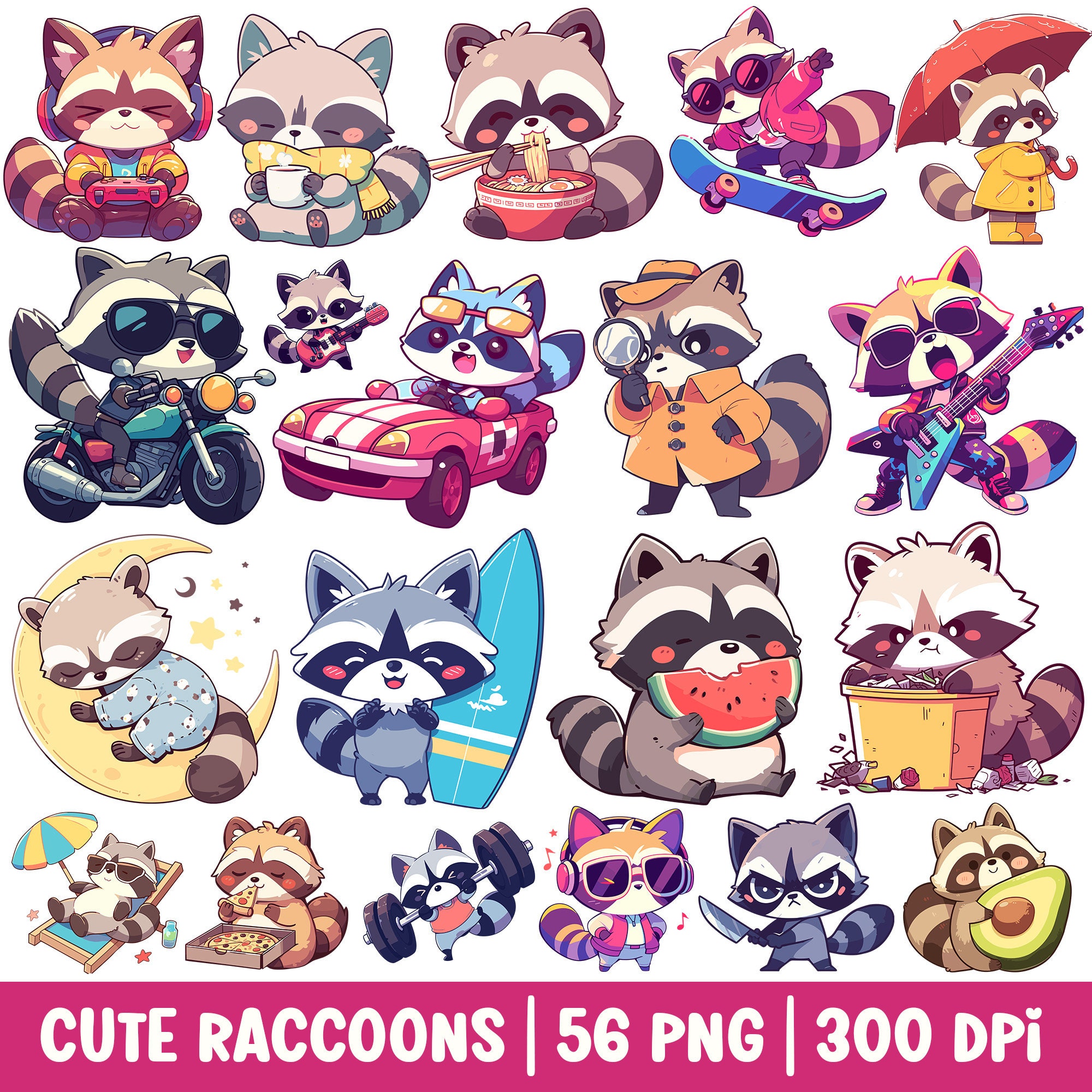 Cute Raccoon Clipart Kawaii Trash Panda Cartoon PNG Bundle Set