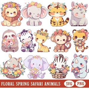 Safari Tier Clipart Blumen Frühling Wilde Tiere PNG Bundle Niedlich Zootier und Blumen SVG Kinder Party Dekor DIY Baby Shower Dekoration