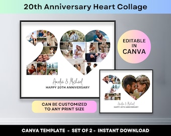 20th Anniversary Heart Photo Collage 20 Year Wedding Anniversary Gift for Parents Husband Wife Custom Picture Mosaic Canva Template Poster