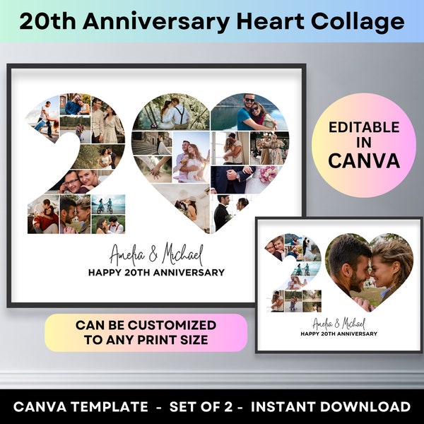 20th Anniversary Heart Photo Collage 20 Year Wedding Anniversary Gift for Parents Husband Wife Custom Picture Mosaic Canva Template Poster