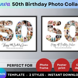 50th Birthday Number 50 Photo Collage Canva Template Personalized Birthday Gift for Mom Dad Grandma Grandpa Printable Picture Collage Frame
