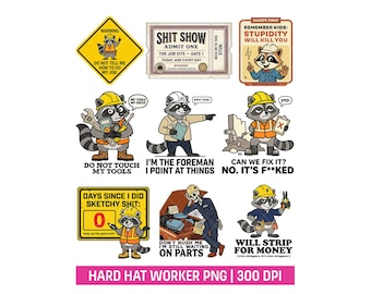 Funny Hard Hat Construction Worker PNG Design Raccoon Electrician Humorous Quotes Meme Clipart Bundle for Shirt Sticker