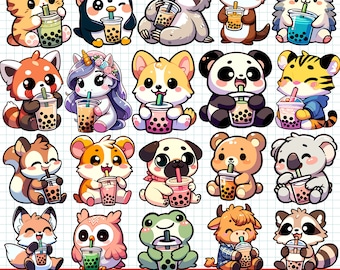 Cute Animals Drink Boba Tea Clipart Transparent PNG Bundle Set Kawaii Animal Cartoon Colorful Illustration Bubble Tea Graphics Kids Craft