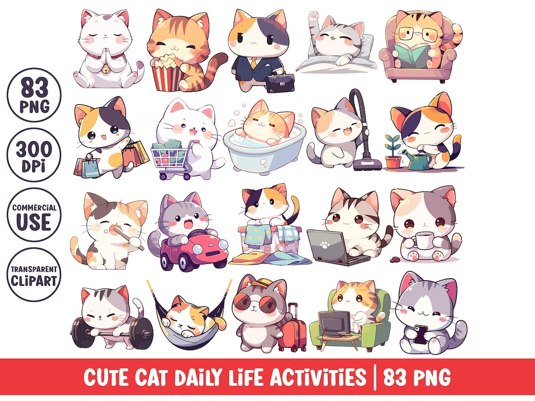 Cute Cat Clipart Daily Life PNG Kawaii Kitty Everyday Chores Cartoon ...
