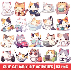 Gato fofo clipart vida diária PNG kawaii gatinho tarefas diárias desenho animado ilustração rotina matinal atividades conjunto de adesivos digitais