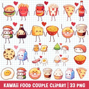 Kawaii Food Couple PNG Bundle Cute Perfect Match Clipart Set Love Soulmate Friendship Best Friend Valentine's Day Art Funny Food Cartoon
