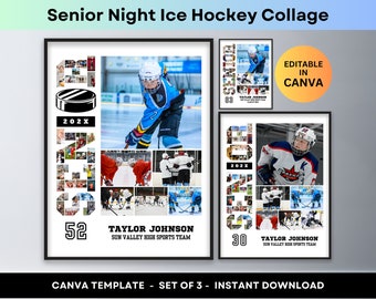 May include: A set of three printable ice hockey collage templates for Canva. Each template features a black and white photo collage of a hockey player's number, with photos of the player and their team. The text "202X", "TAYLOR JOHNSON", and "SUN VALLEY HIGH SPORTS TEAM" is included on each template.
