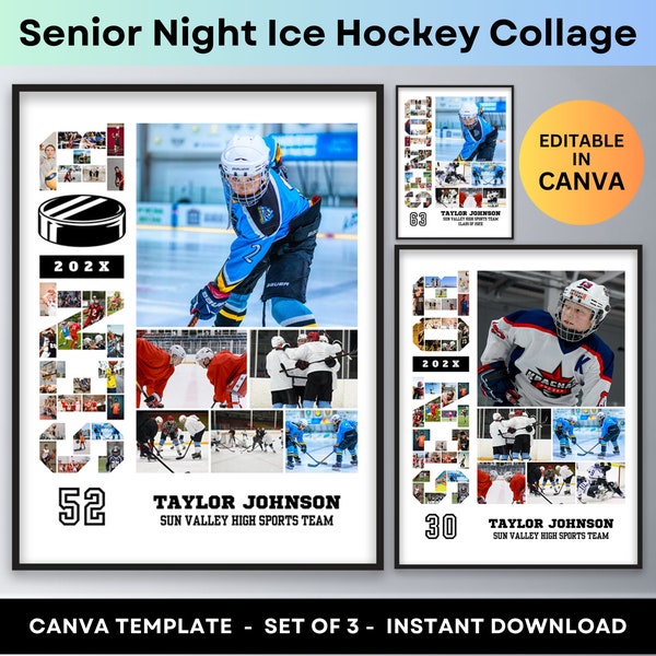 Affiche de hockey sur glace de nuit pour les seniors Collage de photos de sport Récompense du secondaire Banquet Athlète Joueur Cadeaux de remise des diplômes Modèle de toile de collage de photos
