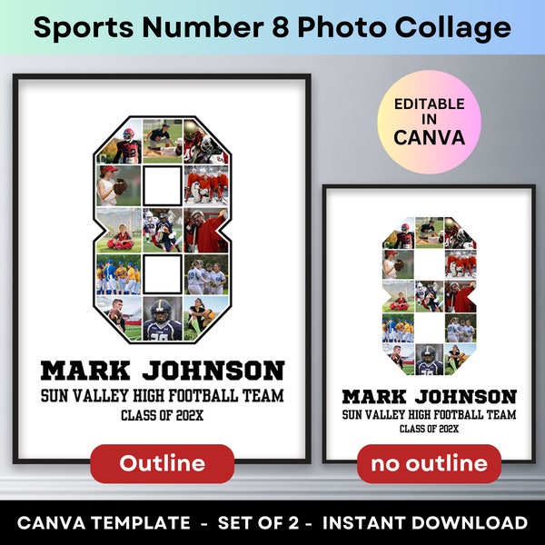 Sports Photo Collage Player Number 8 Graduation Gift Senior Night 2024 Athlete Poster Football Basketball Baseball Soccer Canva Template