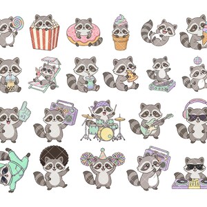 May include: A set of cartoon raccoons in different poses. Some raccoons are shown with food items such as popcorn, ice cream, and pizza. Others are depicted with musical instruments, a boombox, and headphones. The raccoons are grey and white with black masks.