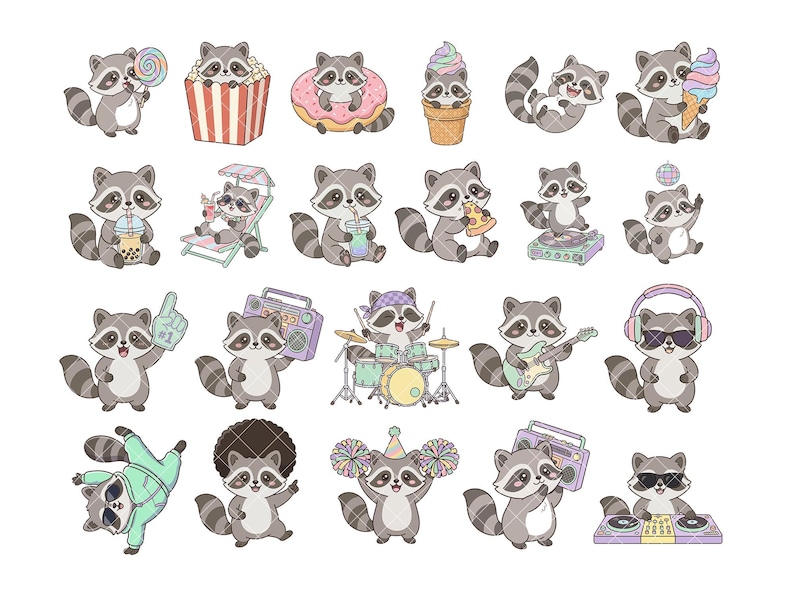 May include: A set of cartoon raccoons in different poses. Some raccoons are shown with food items such as popcorn, ice cream, and pizza. Others are depicted with musical instruments, a boombox, and headphones. The raccoons are grey and white with black masks.