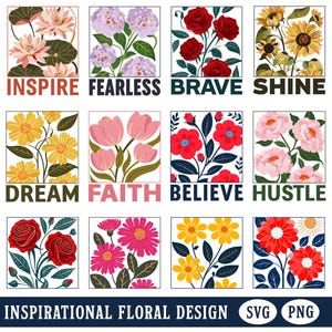 Inspirierende Blume SVG motivierende Blumenkunst PNG Bundle abstraktes Blumenmarkt-Druck Boho Frühlingsdesign Inspirierendes Wort druckbares Poster