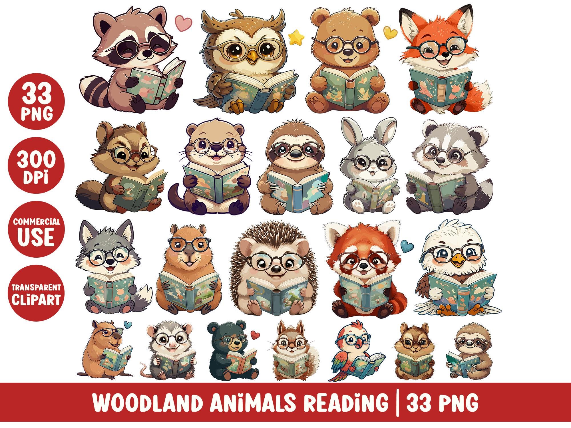Woodland Animals Reading Book Watercolor Clipart Cute Bookish Animal PNG Bundle Set Book Lover Cartoon Children Nursery Art Whimsical Animal