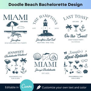 Beach Bachelorette Custom Logo Design Pack Editable Canva Template Personalized Bridal Shower Coastal Wedding Bach Club Doodle Illustration