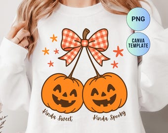 Pumpkin Cherries PNG Gingham Pattern Coquette Bow Cute Jack-O-Lantern Halloween Clipart Vintage Retro Fall Pumpkin T-shirt Sublimation File