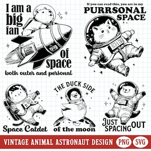 Paquete de imágenes prediseñadas del espacio exterior vintage con divertidos animales astronautas PNG, citas sarcásticas humorísticas, diseño de camisetas, pegatinas imprimibles, imagen de sublimación